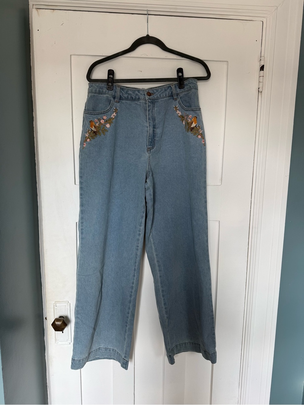 Princess Highway Light Blue Wide Leg Jeans with Floral Embroidery